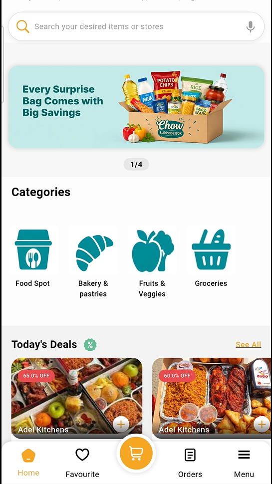 SnapChow mobile app showing discounted food and grocery deals